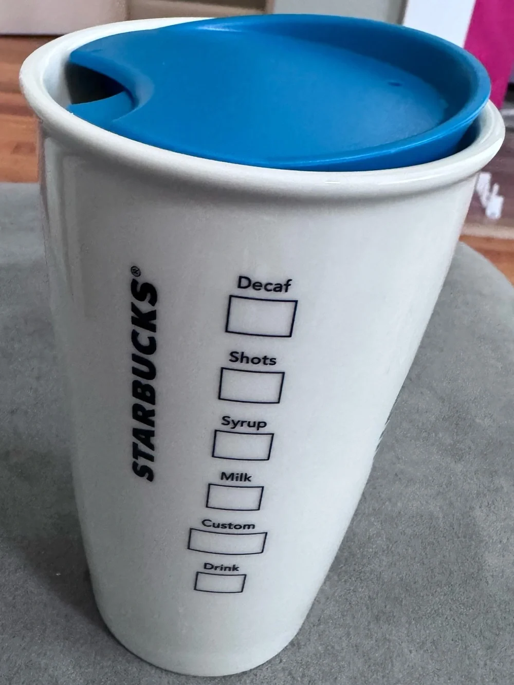 Starbucks Disneyland Travel Mug with Blue Lid and Pink/Blue Graphics